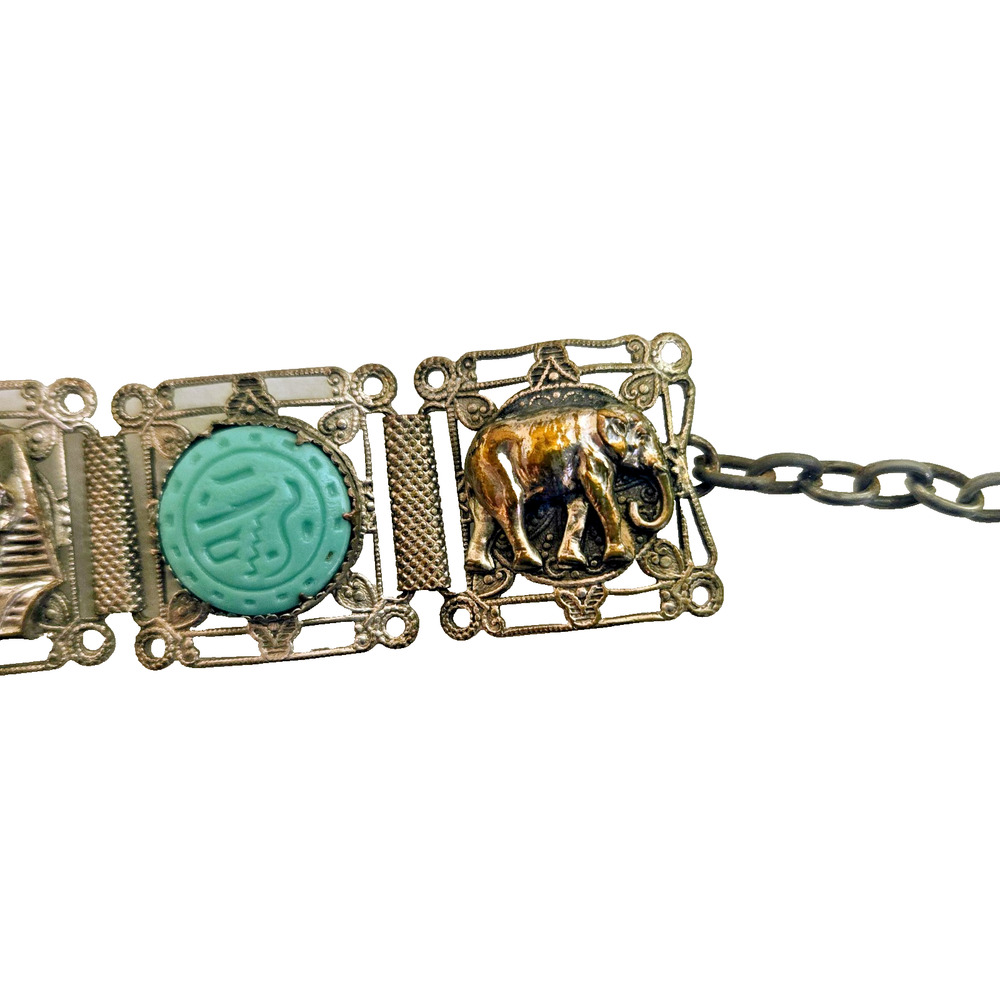 Vintage Egyptian Revival Panel Bracelet Silver Tone Scarabs Pharoah Elephants - Picture 13 of 13